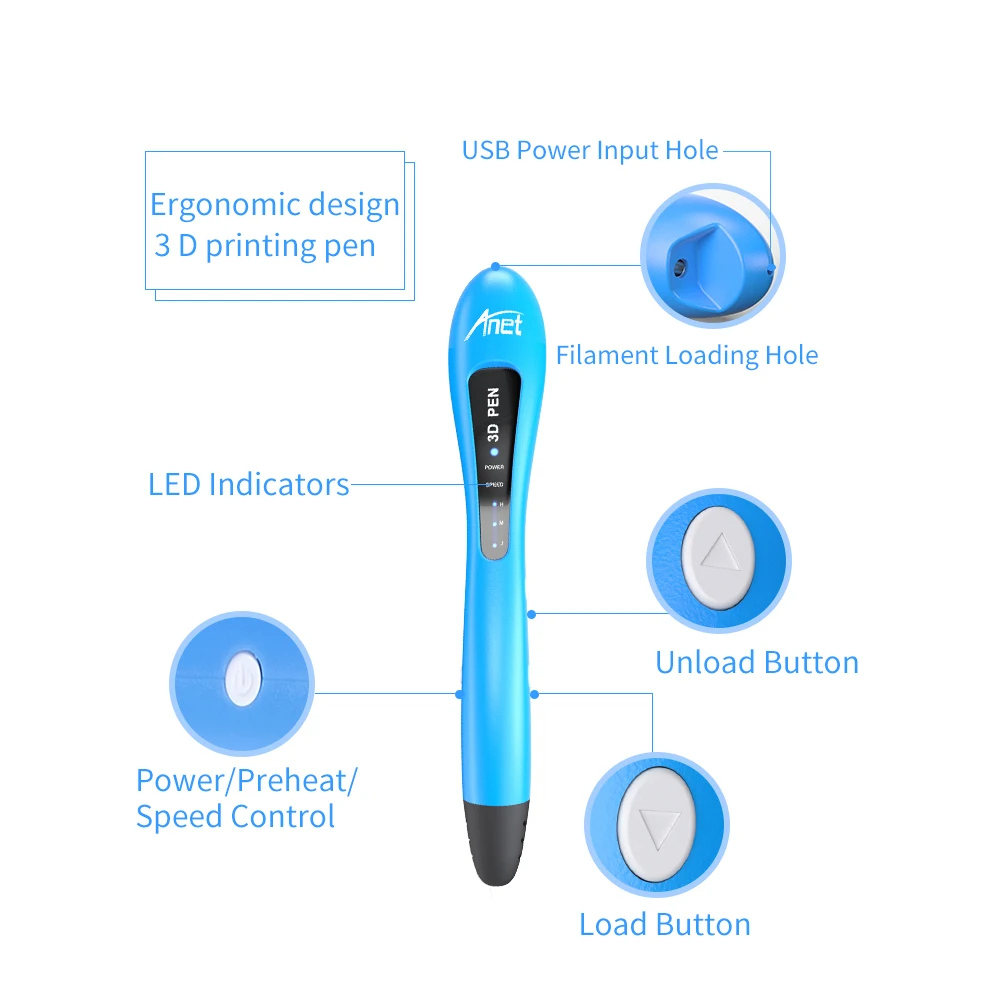 Anet 3d Drawing Pen 1.75mm PCL Filament DIY LED Indicators Low Temperature 3D Pen Printing Pen filament refills for kid Pen 3d