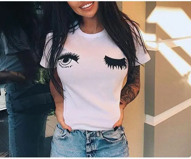 Cartoon women 2018 eyes summer casual short-sleeved T-shirt white blinking print cute Harajuku large size S-2XL T shirt Cartoon women 2018 eyes summer casual short-sleeved T-shirt white blinking print cute Harajuku large size S-2XL T shirt