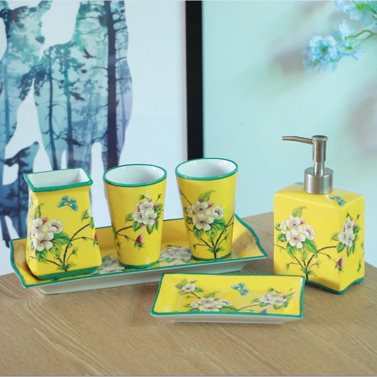

American high temperature ceramic bathroom set bath bottle bathroom decoration toothbrush cup soap box with tray painted ceramic