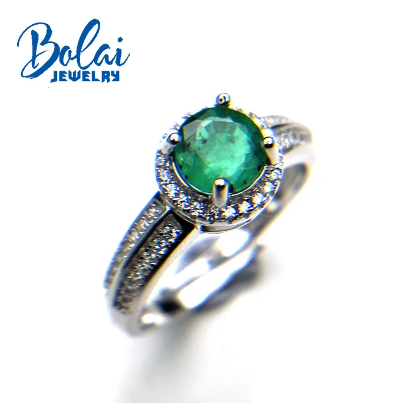 

Bolaijewelry,Natural Zambia Green emerald round cut 6mm 0.8ct gemstone Ring 925 sterling silver fine jewelry for women with box