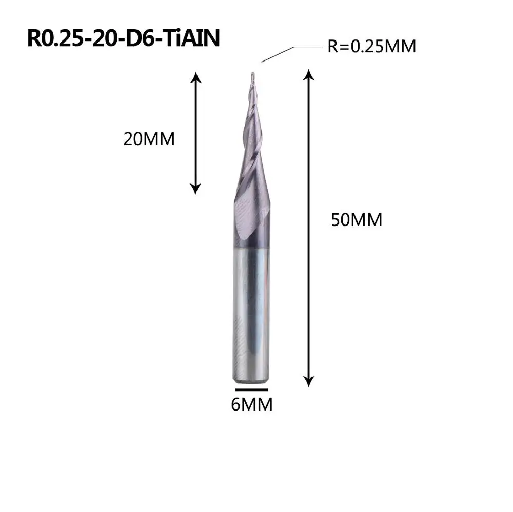 Карбид вольфрама 4 мм 6 мм 8 мм конические концевые фрезы с шариковым носом Фрезы с ЧПУ конусные фрезы для дерева и металла - Длина режущей кромки: R0.25-20-50-D6