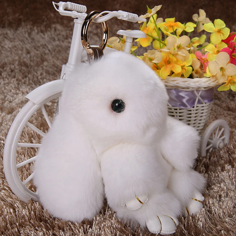 

14CM Rex Fur Rabbit Keychain Pendant Charm Bunny Keychains For Women Fur Bag Keyrings Gift Jewelry