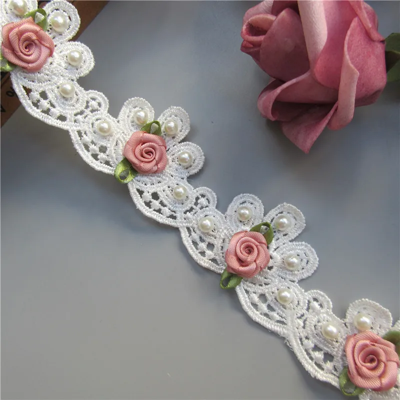 

12X Soluble White Pearl Rose Flowers Embroidered Lace Trim Ribbon Fabric Sewing Craft For Costume Wedding Dress Decoration
