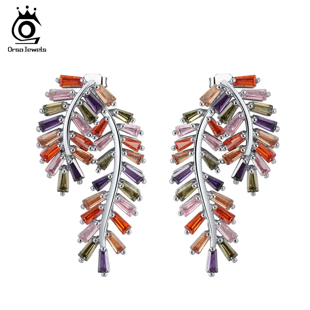 ORSA JEWELS, женские серьги-гвоздики, AAA, прозрачные, цветные, полностью проложенные, CZ, в форме листа, роскошные, женские, ювелирные изделия для ушей, вечерние, серьги, подарок, OE178