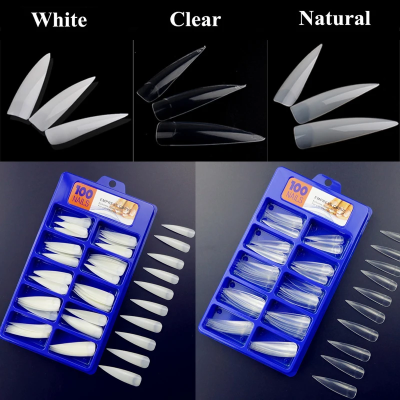 

100pcs/set Fake Nail Art Tips Long Salon Stiletto Nail Tips Plastic French Salon Acrylic Nail Art False Nail Tips 3 Options