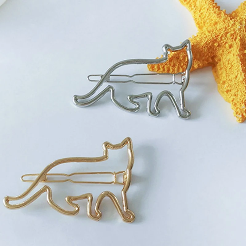Metal Hollow Cat Hair Clips Lovely Hair Clip Silver Gold Cat Shape