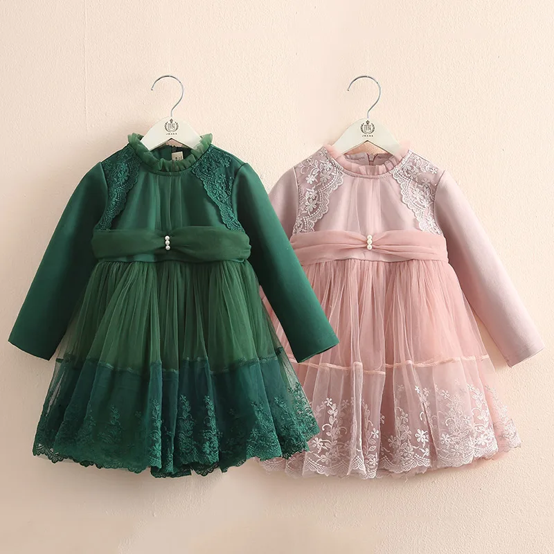 

2018 Spring Autumn 3-8 9 10 11 12 Years Teenage Crew Neck Embroidery Long Sleeve Kids Baby Girls Lace Princess Ball Gown Dress