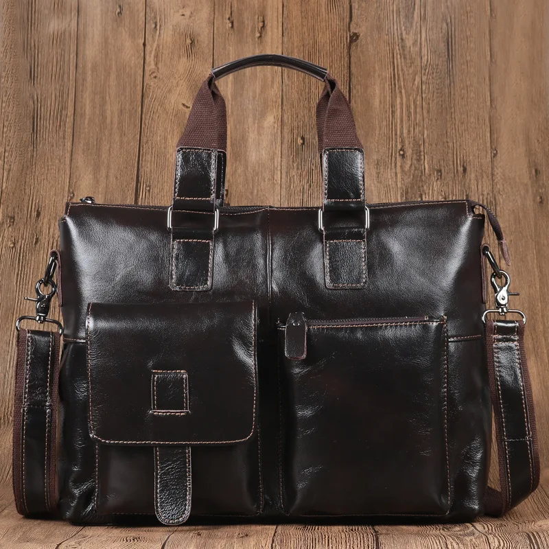 

PERDREAM Men's Genuine Leather Handbags Dark Brown Bags Cow Leather High-capacity Oil Wax Leather Male Briefcase