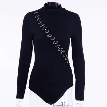 

JIEZuoFang Metal Single Breasted Button Design Turtleneck Long Sleeve Bodycon Bodysuit Sexy Romper Jumpsuit Overalls Top