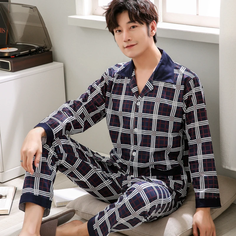 

2018 New Sleepwear Men's Long-sleeved Autumn Winter Cotton Plaid Tracksuit Plus size XXXL Pajamas Men Fashion Pijama Hombre