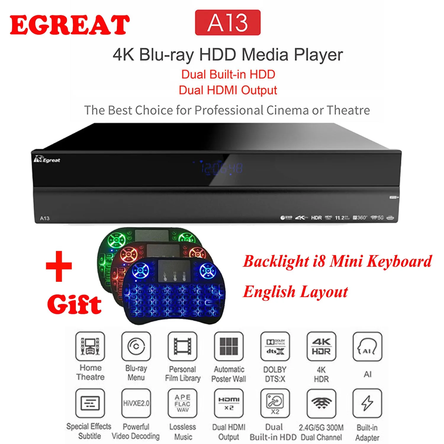 

2019 NEW Egreat A13 4K Ultra HD Smart Media Player BT4.0 2.4G/5G WiFi with 2 3.5inch HDD Tray Android TV Box + Backlit Keyboard