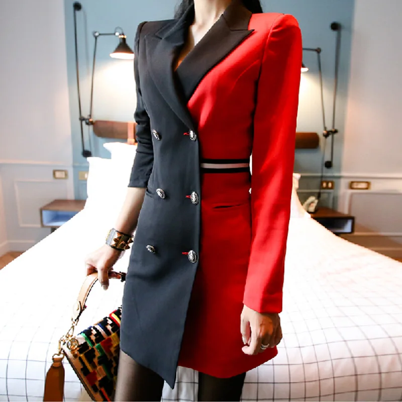 

2019 Women Elegant Office Patchwork Blazer Dress Work Wear Contrast Color Long Sleeve Double-Breasted Notched Blazers Mini Dress