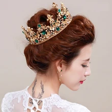 

Snuoy Green Red Stone Tiaras & Crowns Gold Full Round Queen Crown Performance Party Prom Hair Accessories fleur-de-lis