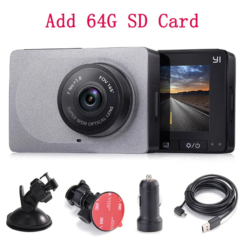 YI Smart car dvr камера 1080P 60fps 165 градусов детектор 2," g-сенсор тире камера ADAS безопасное напоминание YI Автомобильный видеорегистратор - Название цвета: add 64G SD Card