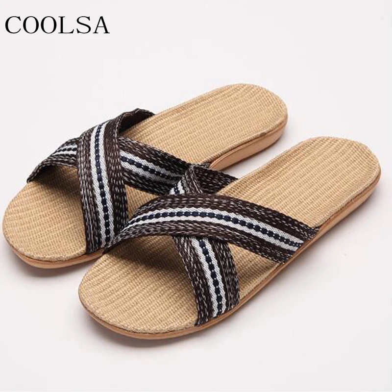 

COOLSA Men's Outdoor Beach Flip Flops Cross Striped Linen Slippers Flat Sandals Indoor Bathroom Home Flax Slippers Men Slides