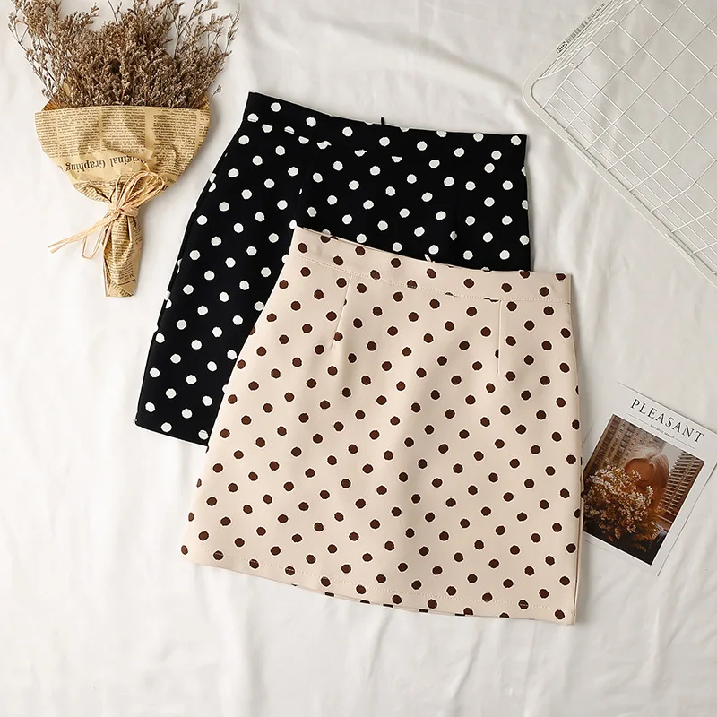 

Polka Dot Skirt Vintage Print High Waist A Line Mini Skirts Sexy Streetwear Korean Fashion Cute Kawaii Faldas Black / Apricot