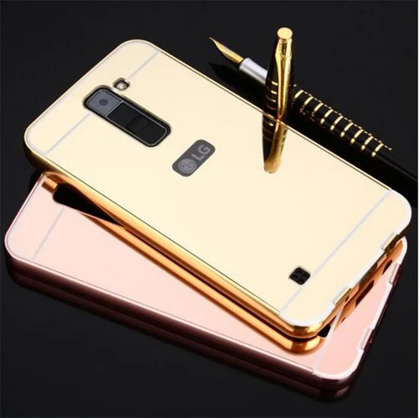 

Gold Metal Aluminum Bumper + Plastic Mirror Back Case For LG K8 Lte K350 K350E K350N 5.0" K 8 4G For LG K8 Hybrid Phone Cover