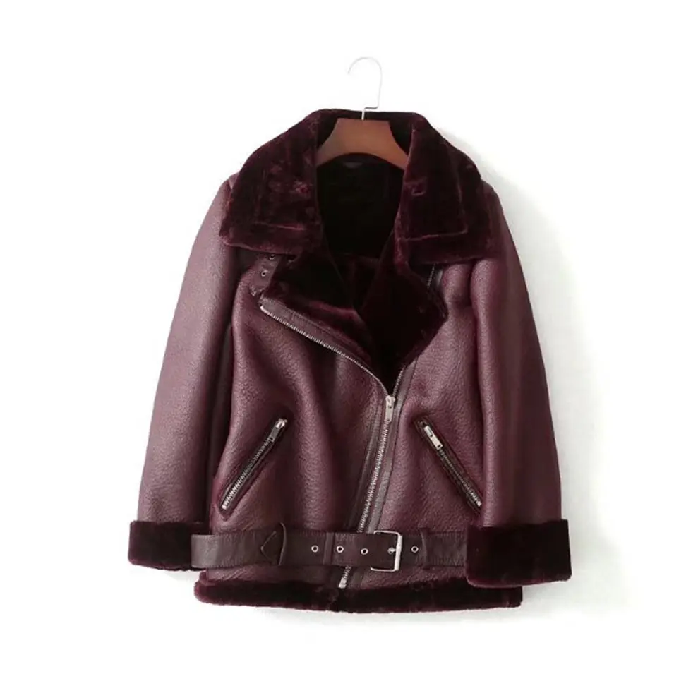 

b new autumn winter high fashion street women's PU leather jacket casual warm zipper jacket imitation fur outwear