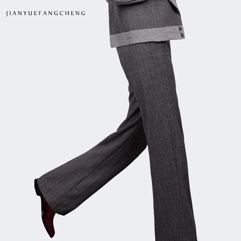 

Gray Trousers Women High Waist Wide Leg Pants Plus Size Streetwear Thick Winter Pantalon Women Long Pants Wool Ladies Pants 2018