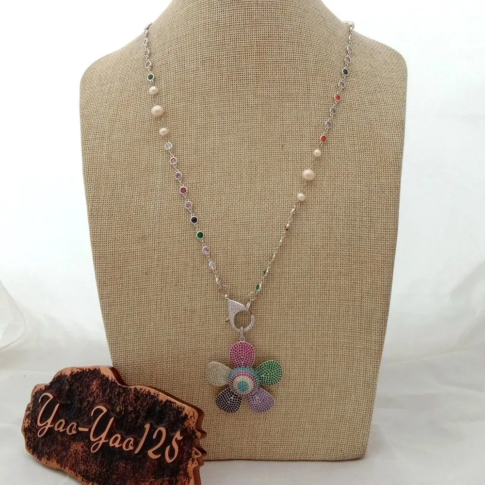 

27" White Pearl Mixed Color Cz Chain Necklace CZ Pave Flower Pendant