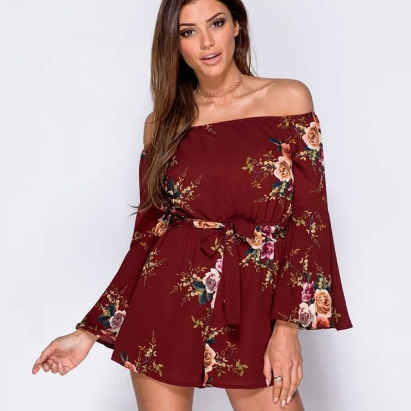 TEMOFON сексуальная Slash шеи Playsuit печати Для женщин комбинезон Детский свободные