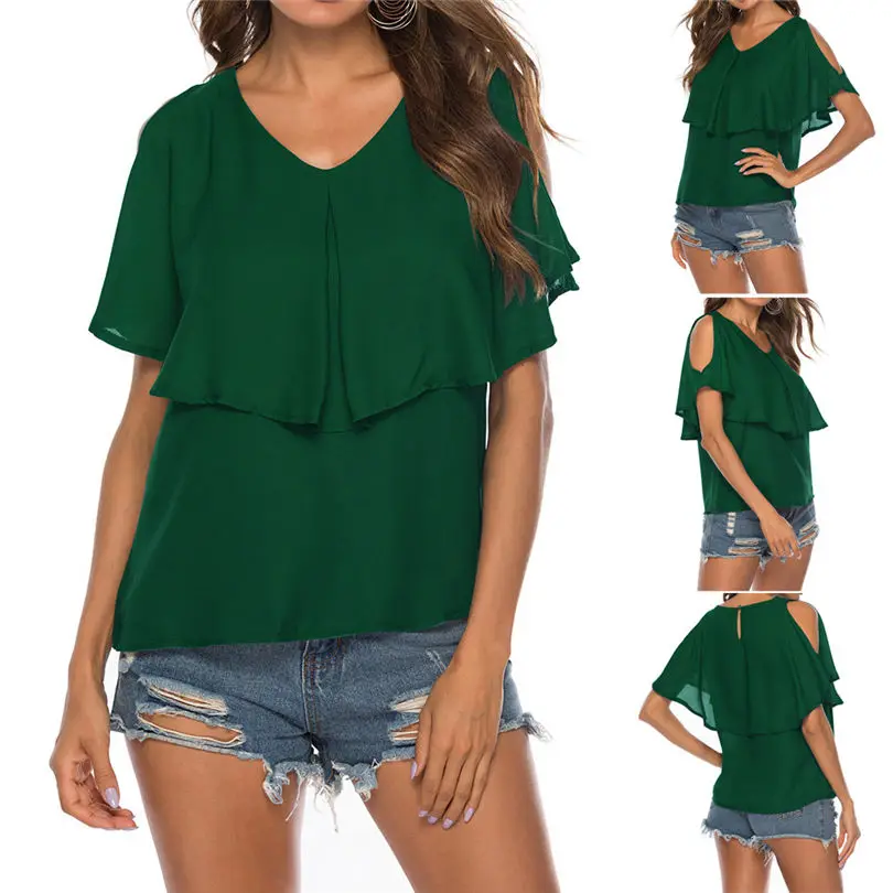 New Women Summer Fashion Office Ladies Elegant Vintage Solid O-Neck Cold Shoulder Overlap Blouse Ruffle Short Sleeve Top #4A23 (1)