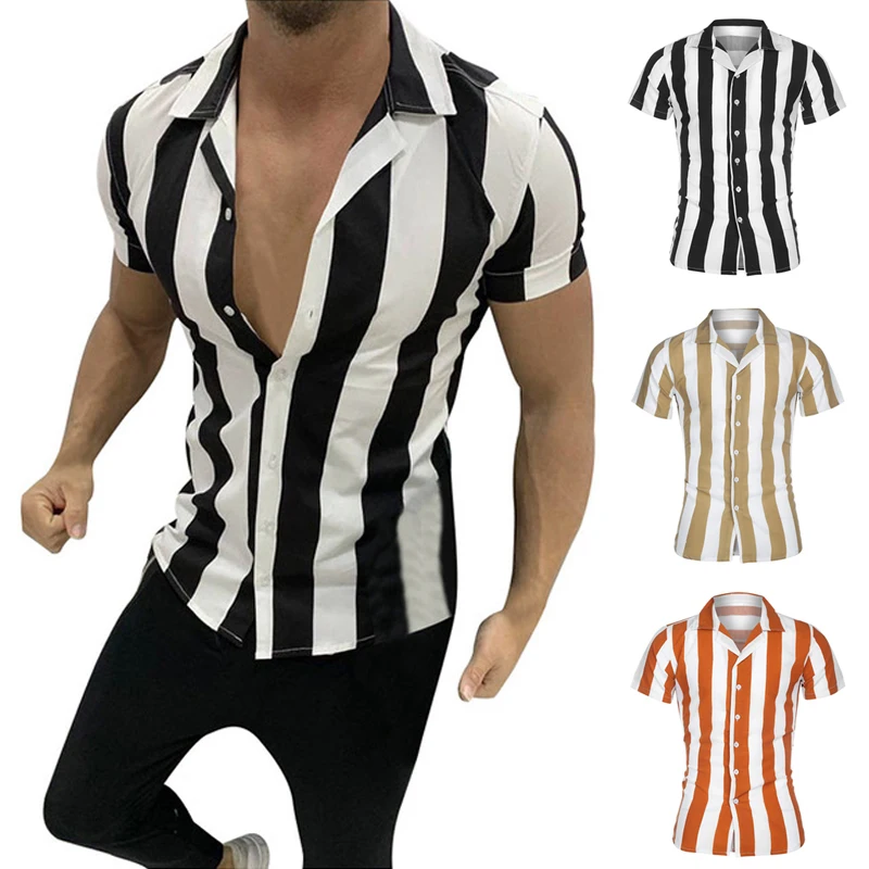 

Men's Shirts Casual Plus Size Baggy Striped Short Sleeve Button Turn-down Collar Beach Hawaiian Shirts Fashion Streetwear