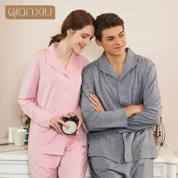 

Qianxiu Solid color Pijamas mujer 2019 New brand Spring Lapel cardigan Sexy lingerie women 95%cotton Sleep Top 1903