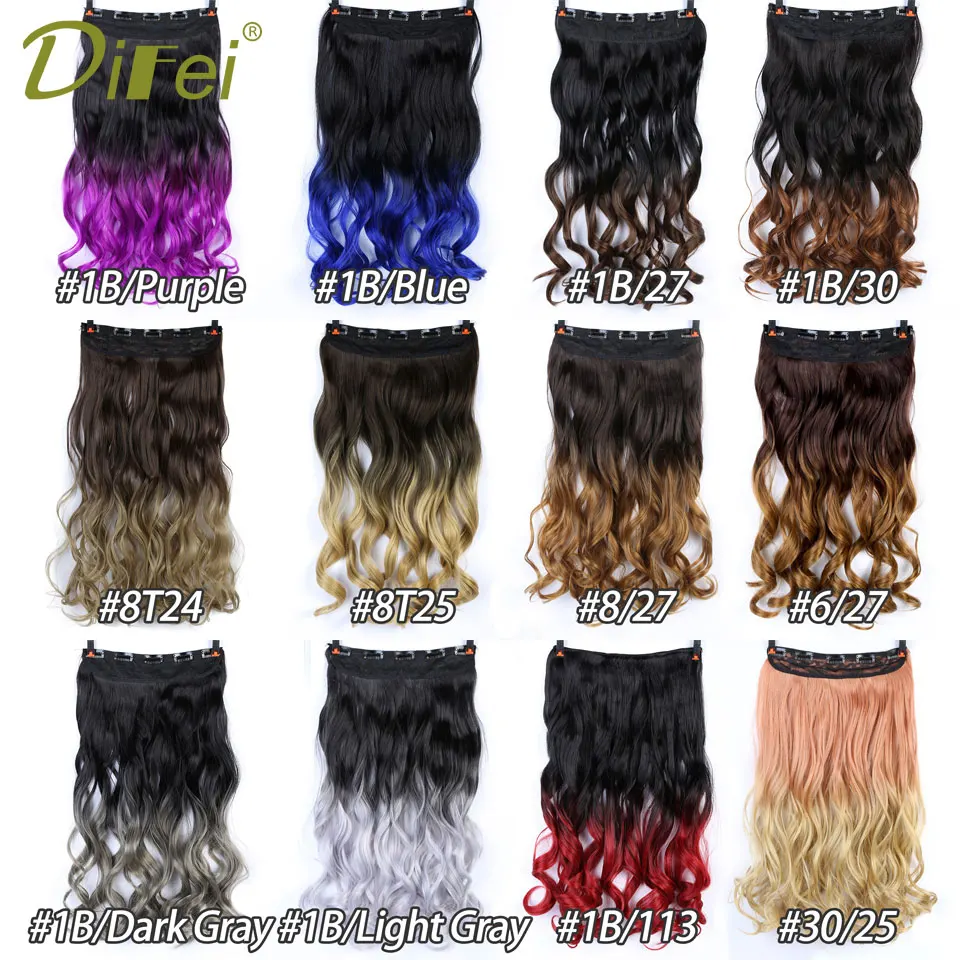 24inch Long Curly Black to Gray Women Hair High Tempreture Synthetic Ombre Hair Piece Clip in Hair Extensions DIFEI