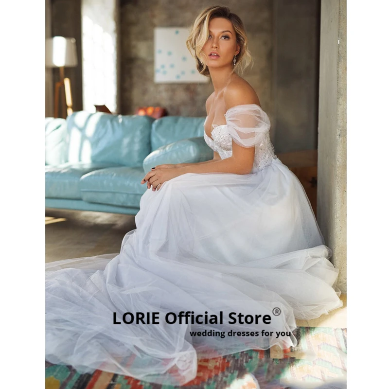 LORIE Long Train A-Line Lace up Wedding Dress 2019 Appliques with Tulle Bride Dress Off the shoulder Corset Wedding Gown Custom