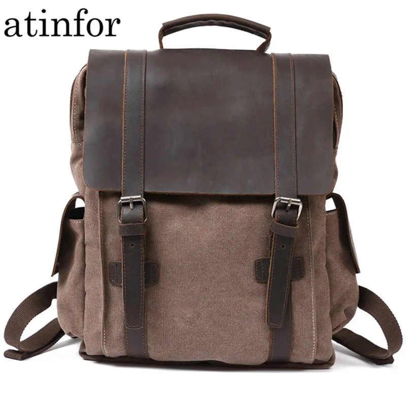 Винтажный холщовый рюкзак из натуральной кожи мужской школьный износостойкий