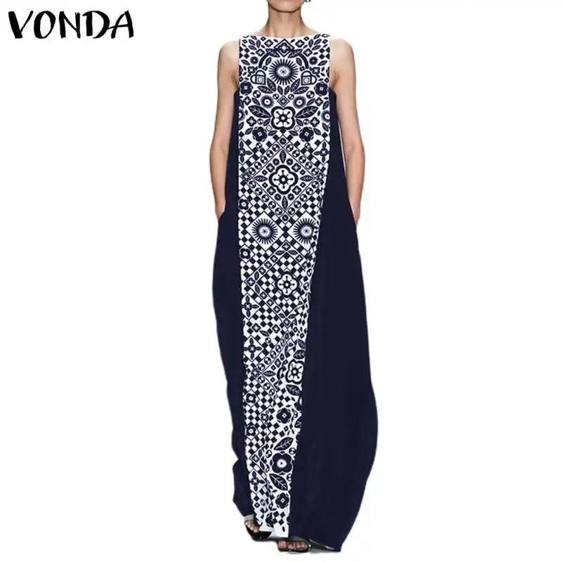 

VONDA Bohemian Summer Dress 2019 Women Vintage Square Collar Print Party Long Dress Sexy Sleeveless Floor-Length Vestido S-5XL