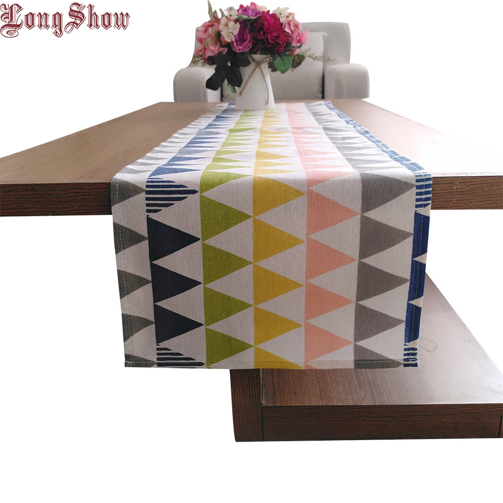 

Fresh Yellow Board Flower Dot Pattern Wood Grain Geometric Printed 33x145cm Cotton Linen Table Runner