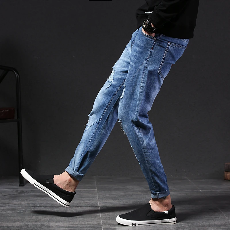 2018 high quality Men's elastic blue jeans men denim Nine pants Slim Regular Straight fit homme Trousers Jean male biker jeans