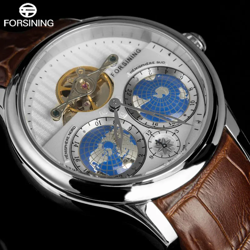 

FORSINING Top Brand Business Mechanical Watch Men 30 M Waterproof Tourbillon Auto Wrist Watches 3D Earth Search Leather Band