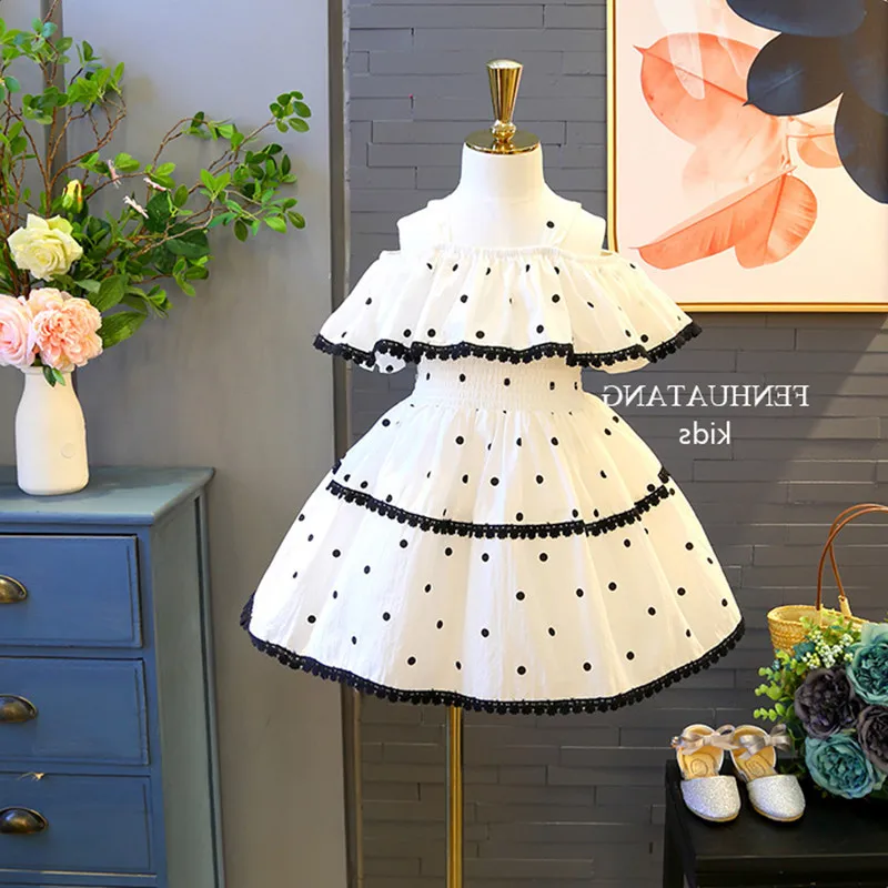 

off shoulder baby girl white dress pattern dot kids dresses for girls summer tutu dress children beach dress droshipping