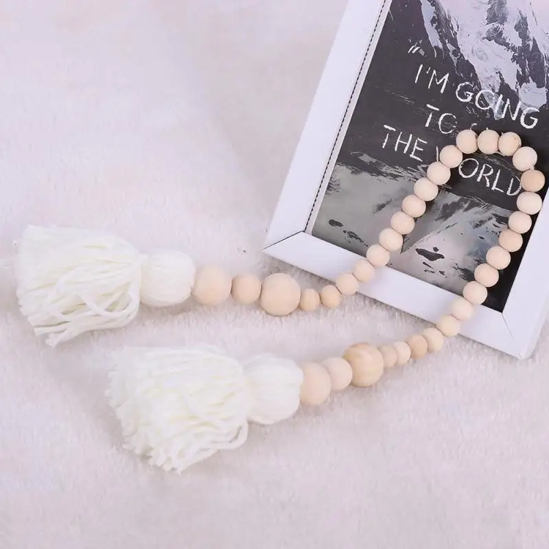 

Natural Wood Beads with Tassel Ball Garland Hanging Wall Children's baby Room Wooden Hanging Nursery Decor Photography Props