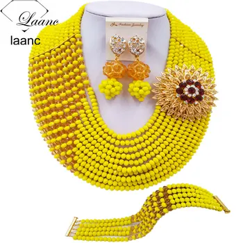 

Laanc Latest Yellow and Champagne Gold African Jewelry Set Nigerian Wedding Beads Free Shipping C10JK001