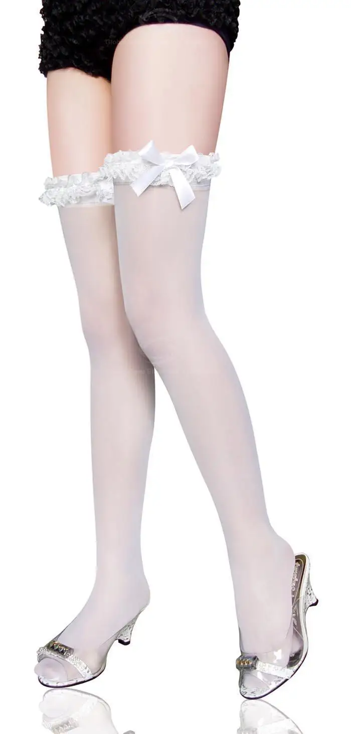 Women White Lace Bow Beads Thigh High Nylon Stockings Sexy Lingerie Over The Knee Long Stocking