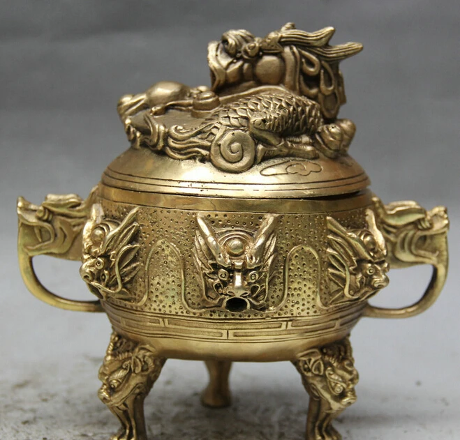

R0720 Details about 7" Marked Chinese Brass 3 Foot Nine Dragon Beast Handle Incense Burner Censer