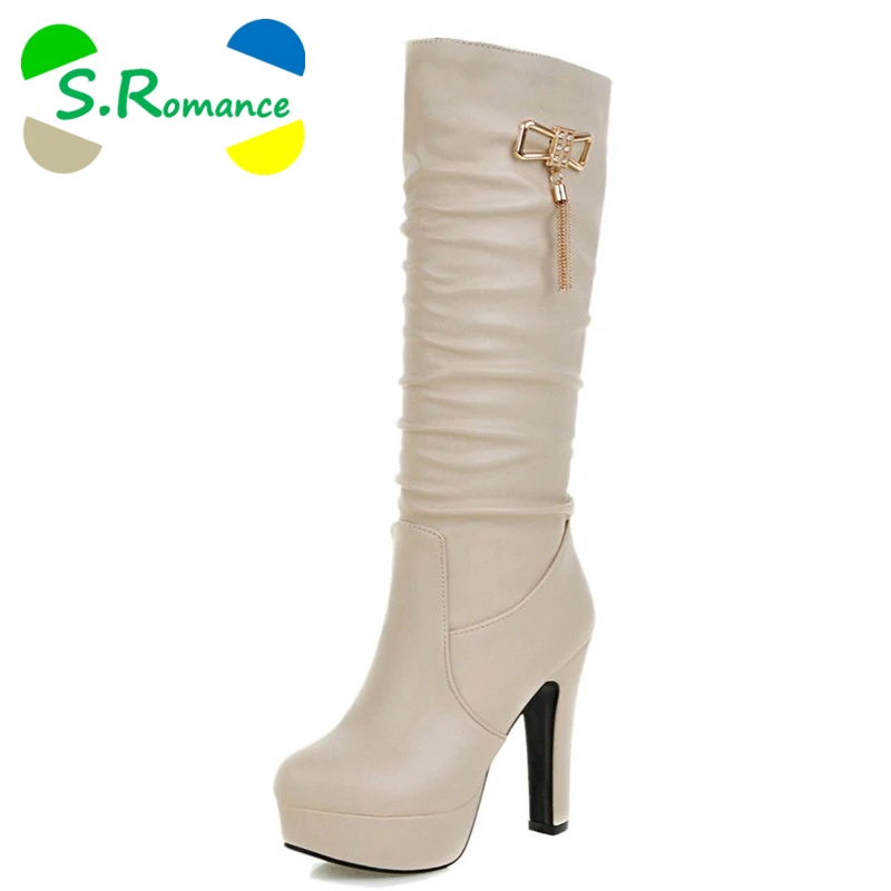 

S.Romance Plus Size 34-43 Women Boots Square Heels New Round Toe Knee Boots Woman Shoes Winter Boots Black White Beige SB273