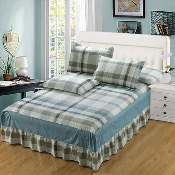 

Modern simple style 3pc green stripe plaid bedspread 100% cotton blue Flounce bed skirt pillowcase bedding bed sets full size