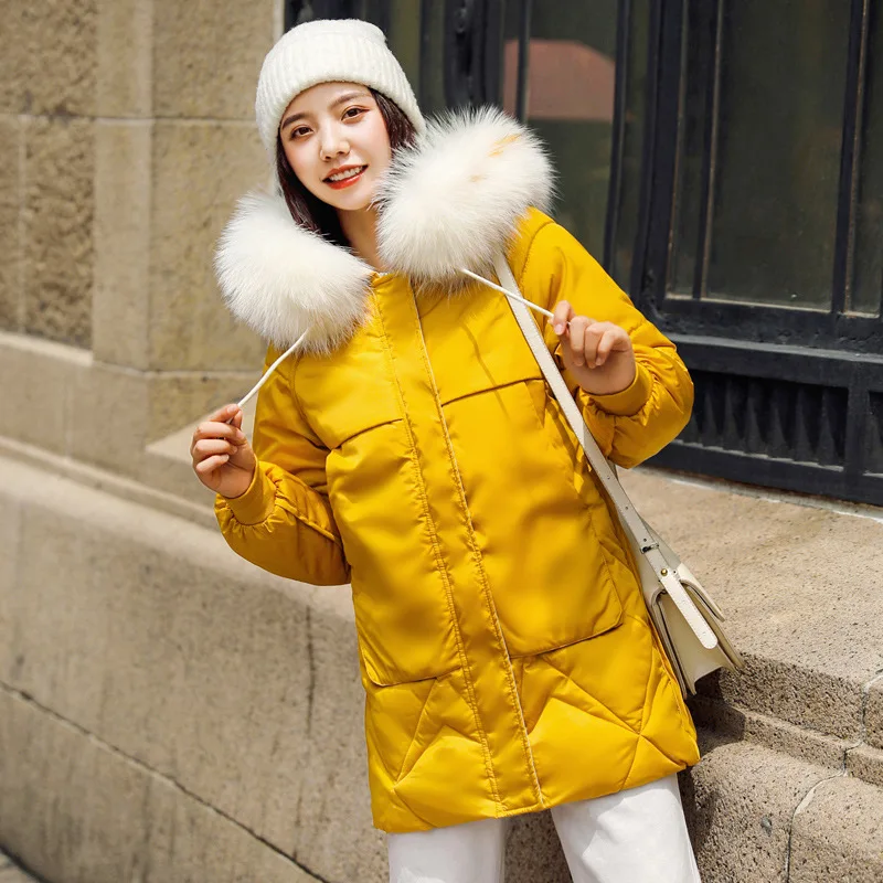 Зимнее пальто женские черные зеленые бежевые Большие размеры свободные парки с капюшоном с перьями 19 новые корейские модные желтые толстые термокуртка CX987