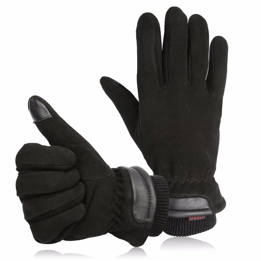 Mens Gloves Winter Leather Cycling Gloves with Touchscreen Design Full Deerskin Suede Leather-in 