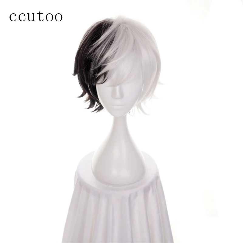 Ccutoo 내열성 섬유 코스프레 가발, 하프 흑백 짧은 합성 모발, 규사쿠 유메노, 12 인치
