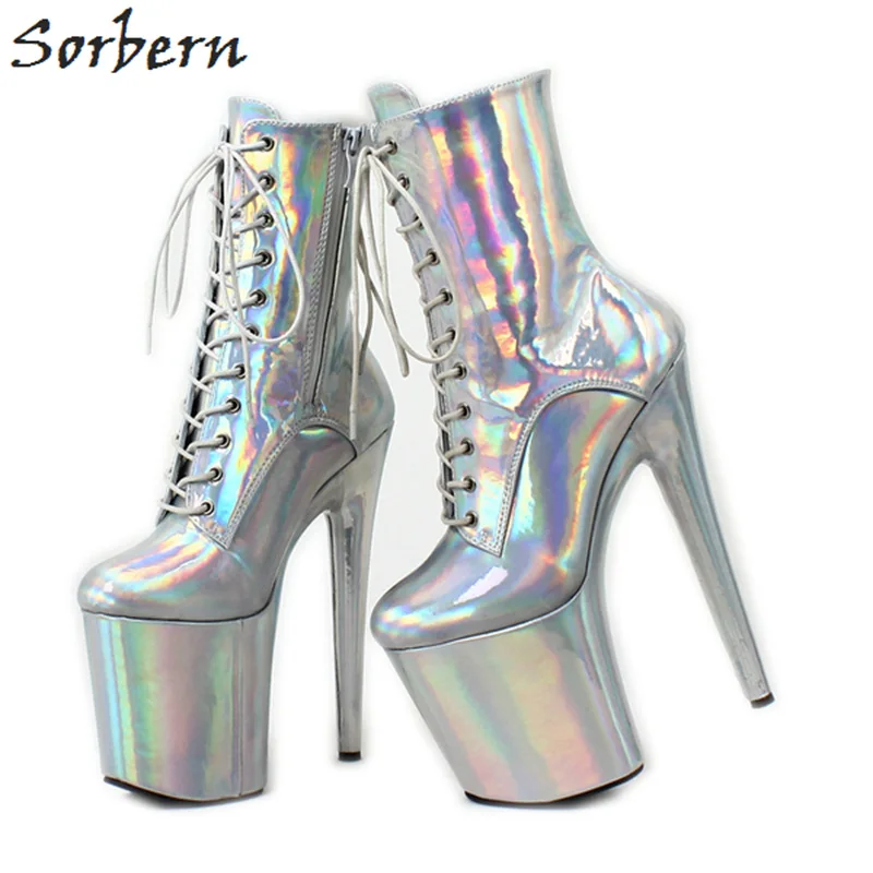 Sorbern/Голографические розовые ботинки для танцев на шесте; женские ботинки на платформе и очень высоком каблуке 8 дюймов; ботильоны с высоким голенищем на заказ; разные цвета - Цвет: Silver Laser