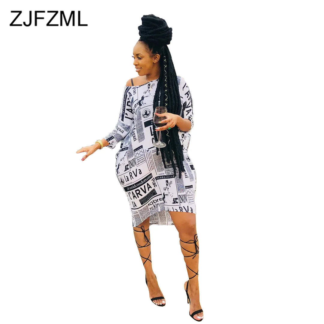 

Newspaper Print Sexy Shirt Dress Women One Shoulder Long Sleeve Loose Mini Dress Casual Slope Neckline Backless Plus Size Dress