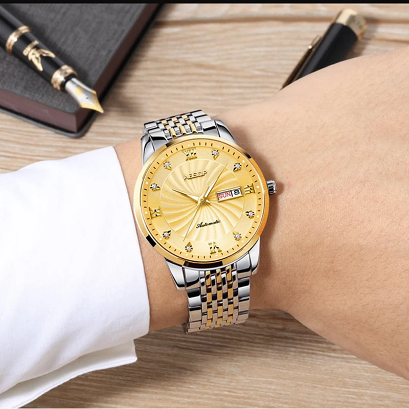 AESOP Mechanical Watch Men Luxury Top Brand Auto Date Diamond Gold Stainless Wristwatch Business Waterproof Montre Homme