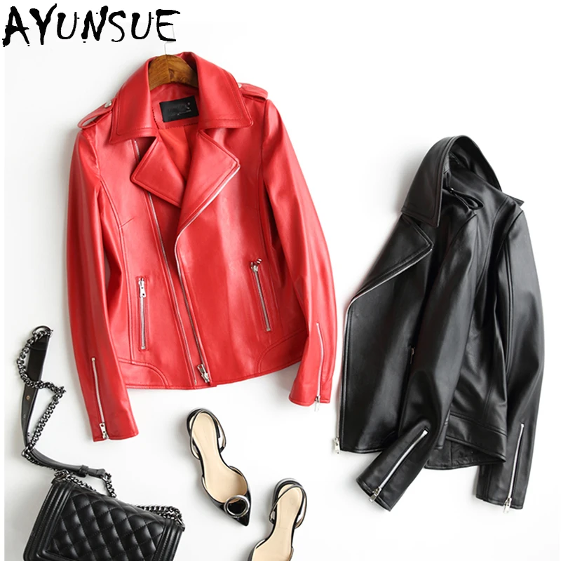 AYUNSUE/Новая мода, Женская Байкерская короткая обтягивающая куртка из натуральной кожи, женские черные пальто из натуральной овечьей кожи, верхняя одежда LX2165