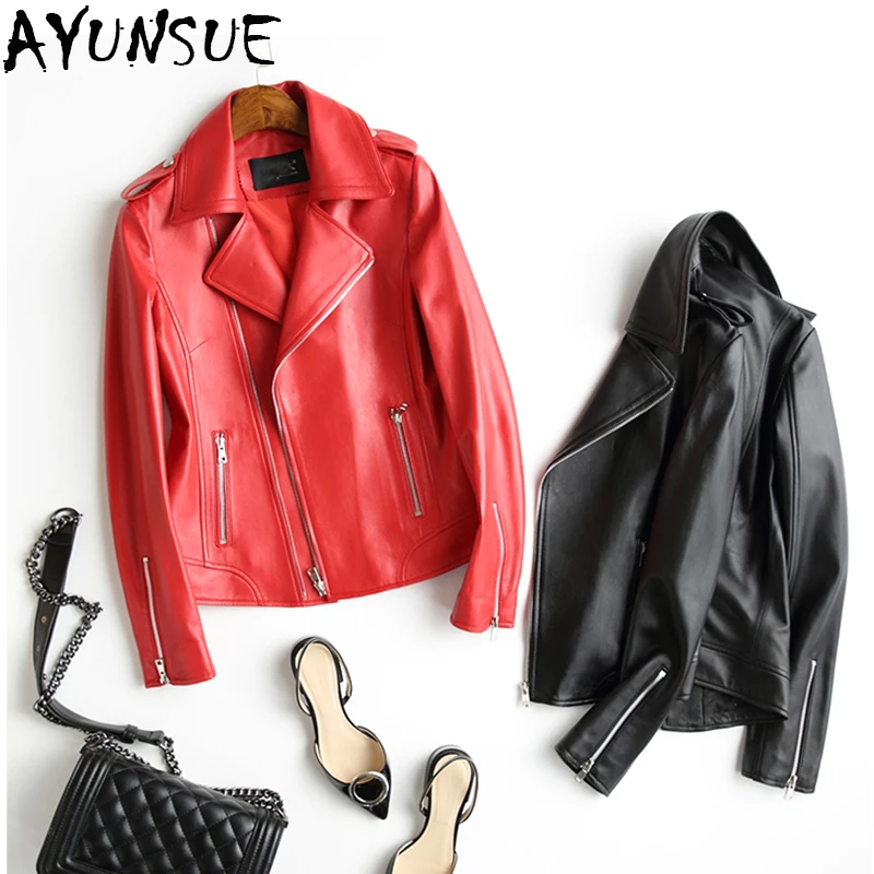 

AYUNSUE New Fashion 2019 Women Motorcycle Biker Genuine Leather Short Slim Jacket Lady Black Real Sheepskin Coats Outwear LX2165